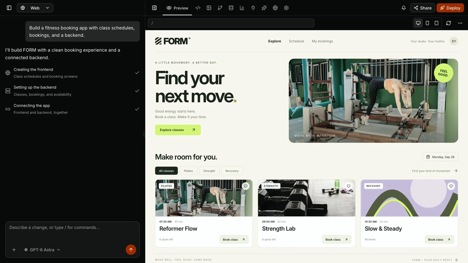 Wemob Studio walkthrough: conversation on the left and the FORM fitness booking website in the web preview.